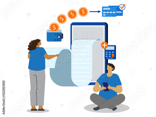 Billing payment concept. Digital transaction with credit card. Cash payment with savings coin on wallet. Calculating billing to payment. 