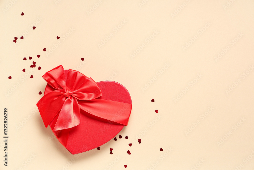 Gift box in shape of heart and confetti on beige background. Valentine's Day celebration Gift box in shape of heart and confetti on beige background. Valentine's Day celebration