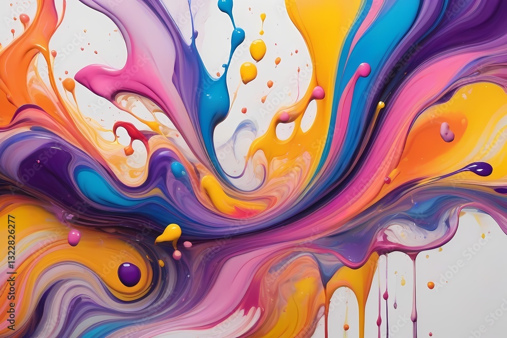 Fototapeta premium A vibrant explosion of swirling colors—yellow, pink, purple, and blue—blending seamlessly in a fluid motion. Dripping paint details add a dynamic, artistic touch