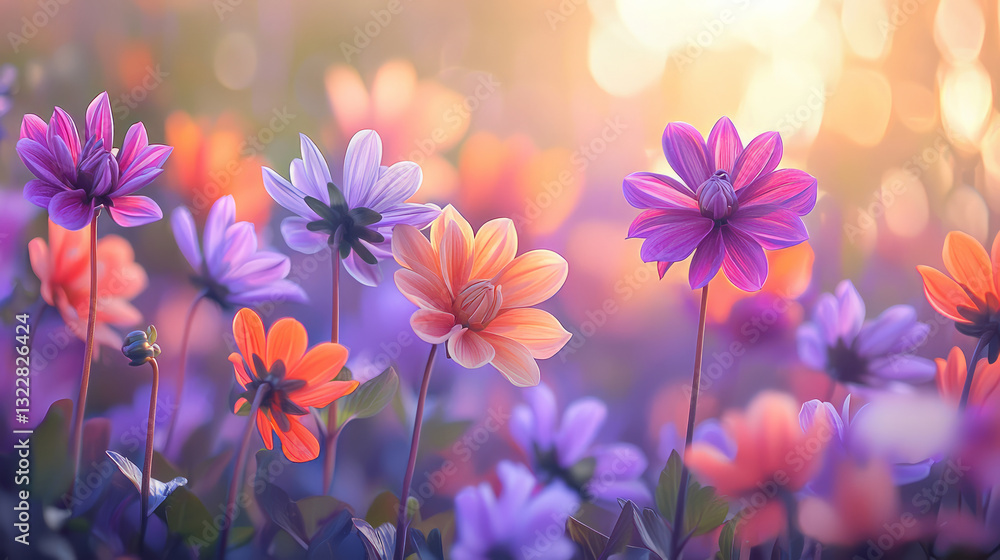 A close up of vibrant dahlia flowers, with petals in shades of purple, orange, violet, and peach, growing on tall stems against an out-of-focus garden backdrop, generative AI A close up of vibrant dahlia flowers, with petals in shades of purple, orange, violet, and peach, growing on tall stems against an out-of-focus garden backdrop, generative AI