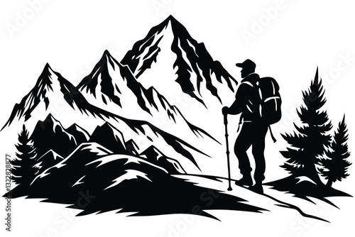 Mountain Hiking Man Silhouette Vector