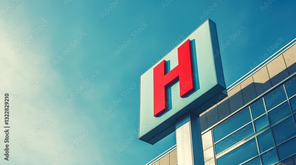 Naklejka premium A vibrant blue sky serves as the backdrop for a prominent, well-lit sign displaying the word 