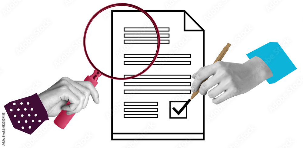 Hands analyzing and signing a document with a magnifying glass and pen, isolated on white background. Concept of document review, approval, and verification Hands analyzing and signing a document with a magnifying glass and pen, isolated on white background. Concept of document review, approval, and verification