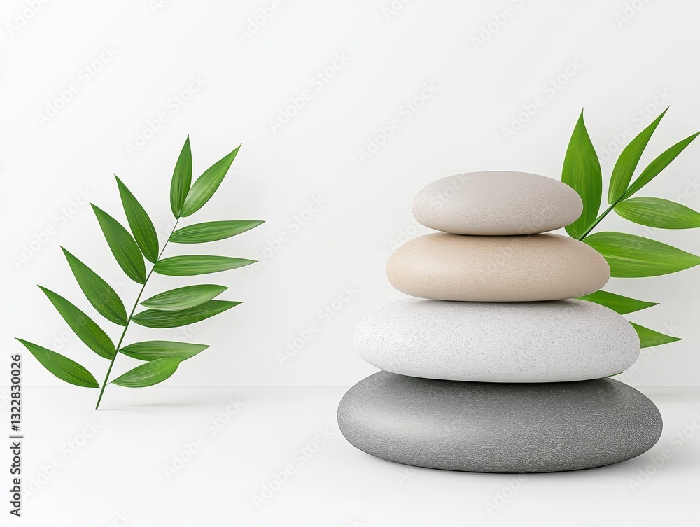 A serene stack of smooth stones with green leaves on a minimalist background A serene stack of smooth stones with green leaves on a minimalist background