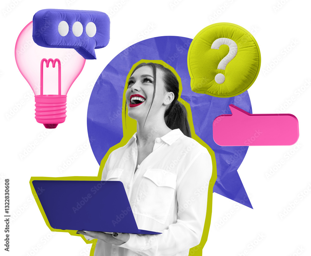 Woman holding a laptop, smiling, with colorful speech bubbles and a light bulb around her on a white background. Concept of communication and creativity Woman holding a laptop, smiling, with colorful speech bubbles and a light bulb around her on a white background. Concept of communication and creativity