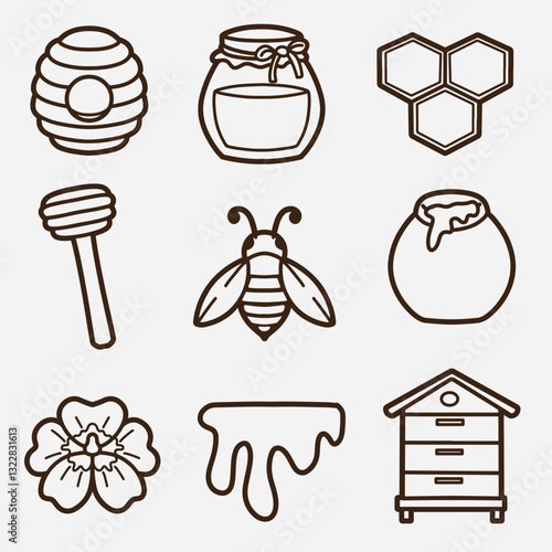 set of honey with outline style good for logo, icon, coloring page, coloring book, element design, etc