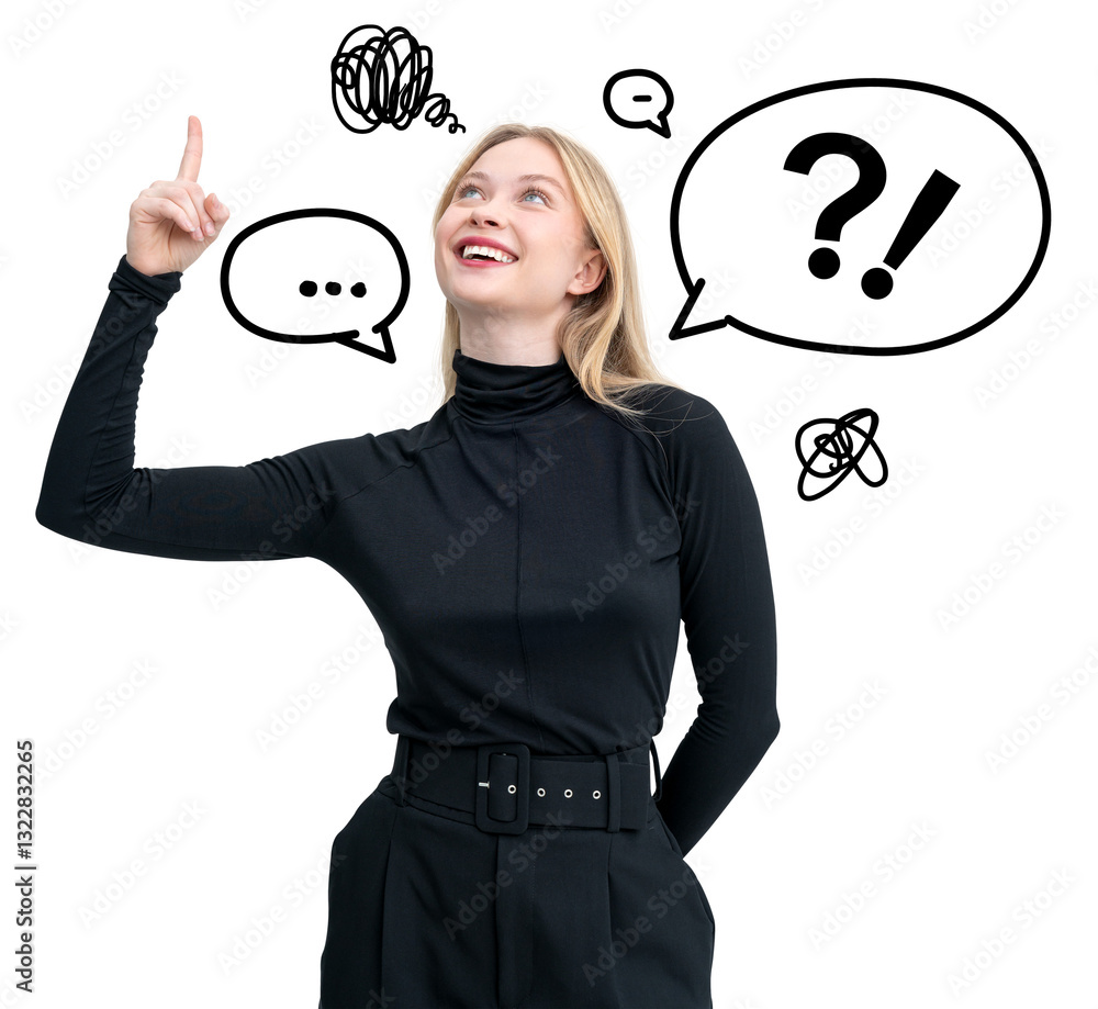 Fototapeta premium Smiling woman inoutfit pointing up, surrounded by hand-drawn speech bubbles and thought symbols on white background. Concept of thinking and ideas