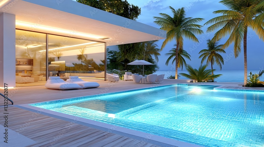 Fototapeta premium Luxury Beachfront Villa Pool at Dusk - Luxury travel