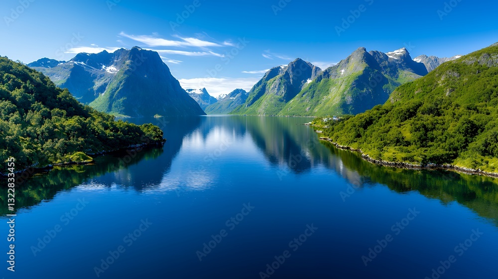Naklejka premium Calm Lake Surrounded by Mountains with Green Trees and Blue Sky