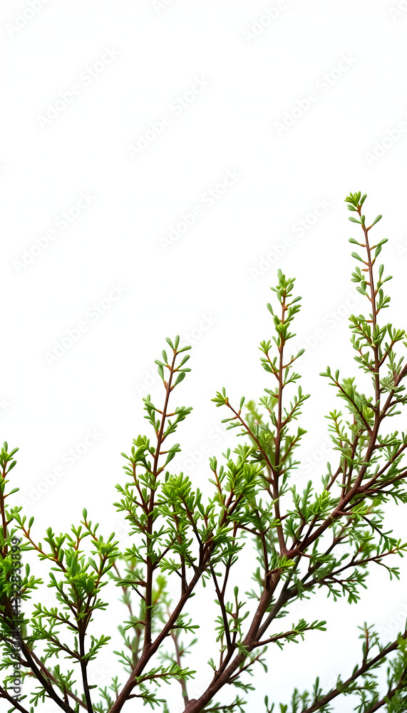 Fototapeta premium green thuja branches on a white isolated background, dreamy atmosphere. with white shades