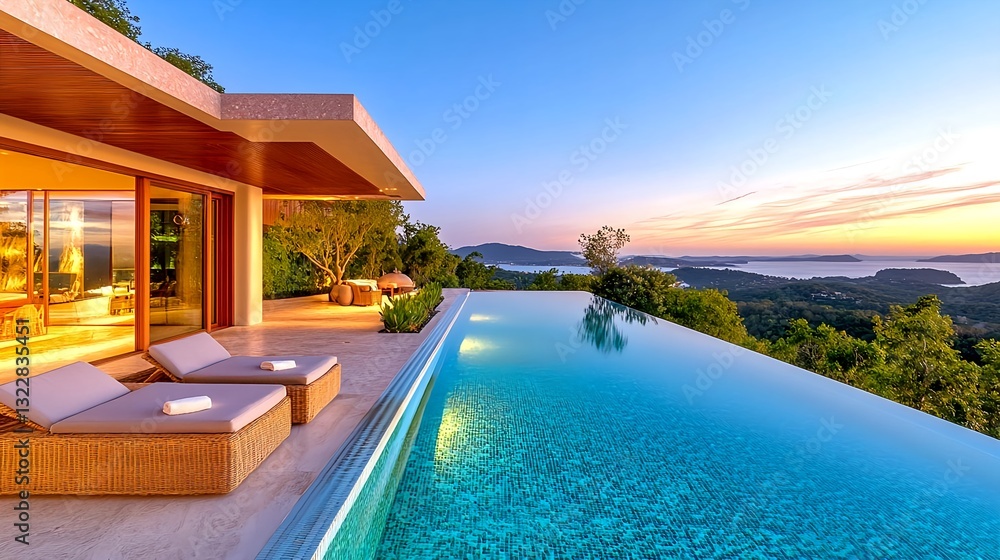 Fototapeta premium Luxury Villa Infinity Pool Sunset View - Luxury travel & real estate