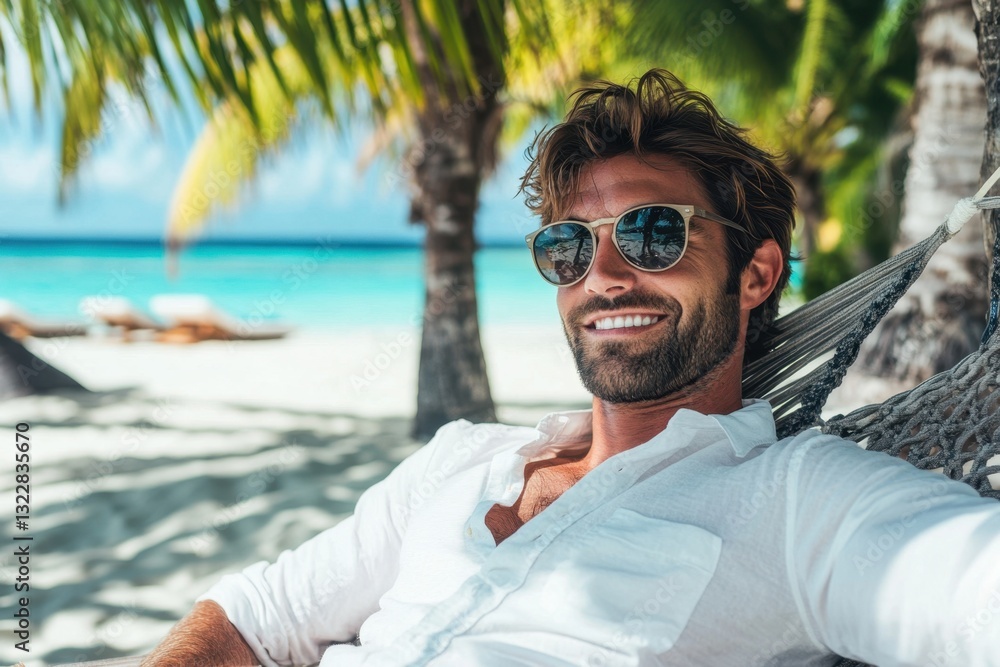 Young Man Relaxing on Tropical Beach in Comfortable Hammock Young Man Relaxing on Tropical Beach in Comfortable Hammock