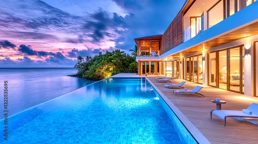 Obraz premium Luxury Oceanfront Villa Sunset Pool - Luxury Travel
