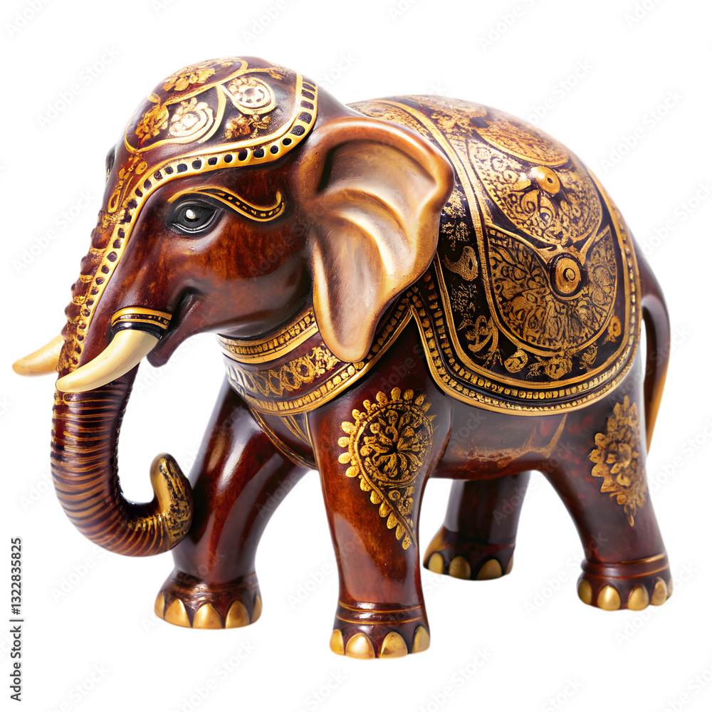Obraz premium Golden Elephant Statue: A meticulously crafted statue of an elephant, adorned with golden embellishments and intricate patterns, showcasing artistic detail and cultural significance. 