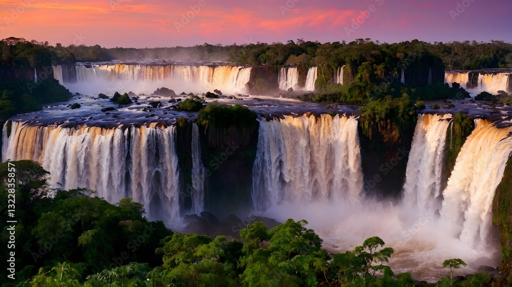 Fototapeta premium Sunset Splendor: The Golden Radiance of Iguazú Falls