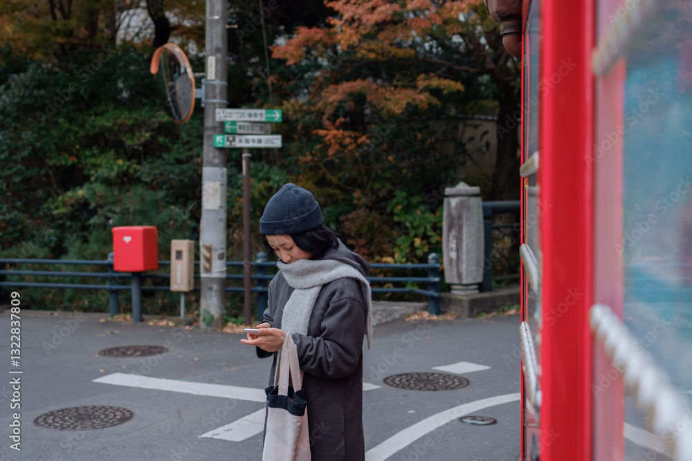 Traveler at the Autumn Street Corner Checking Her Phone. Traveler at the Autumn Street Corner Checking Her Phone.
