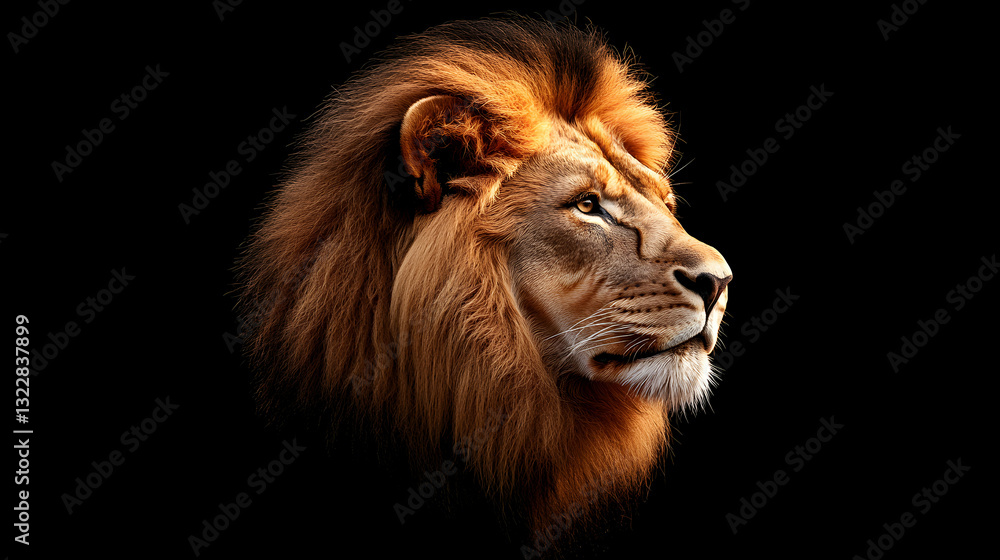Fototapeta premium Majestic lion profile against black background.