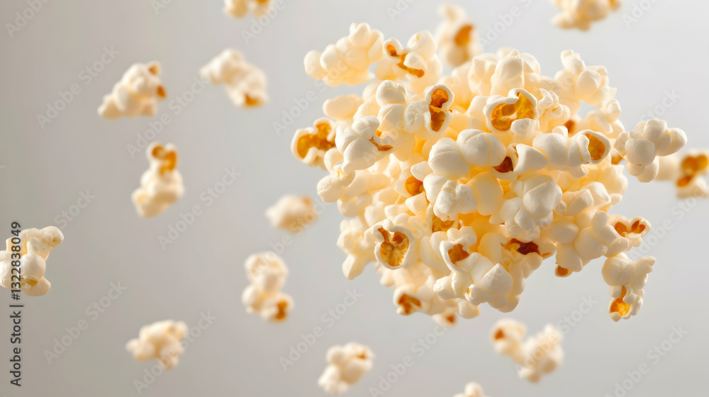 Popped corn floating in the air. Popped corn floating in the air.