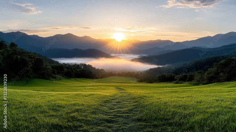 Fototapeta premium serene sunrise over misty valley with rolling hills and rice paddies