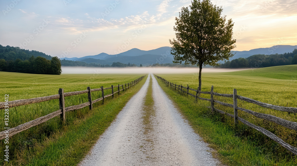 peaceful countryside road at dawn with soft mist hovering over fields peaceful countryside road at dawn with soft mist hovering over fields
