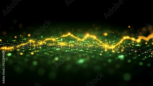 Abstract glowing gold line graph on green digital grid