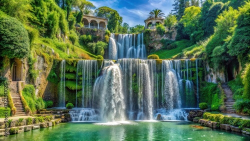 Majestic Tivoli waterfall surrounded by lush greenery in the Park of Villa Gregoriana , majestically falling water, Italian landscape