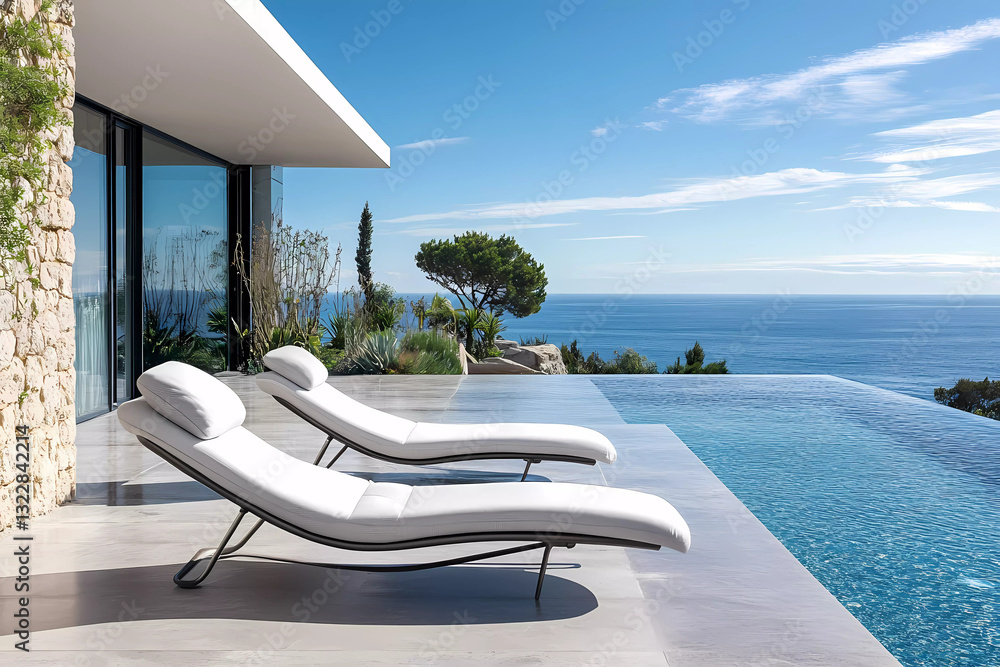 Fototapeta premium Comfortable Reclining Lounge Chair Offering Blissful Seaside Relaxation And Stunning Coastal Views For Vacationers Abroad