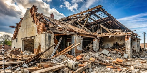 A damaged structure with crumbled walls and a partially collapsed roof in ruins after a natural disaster or fire