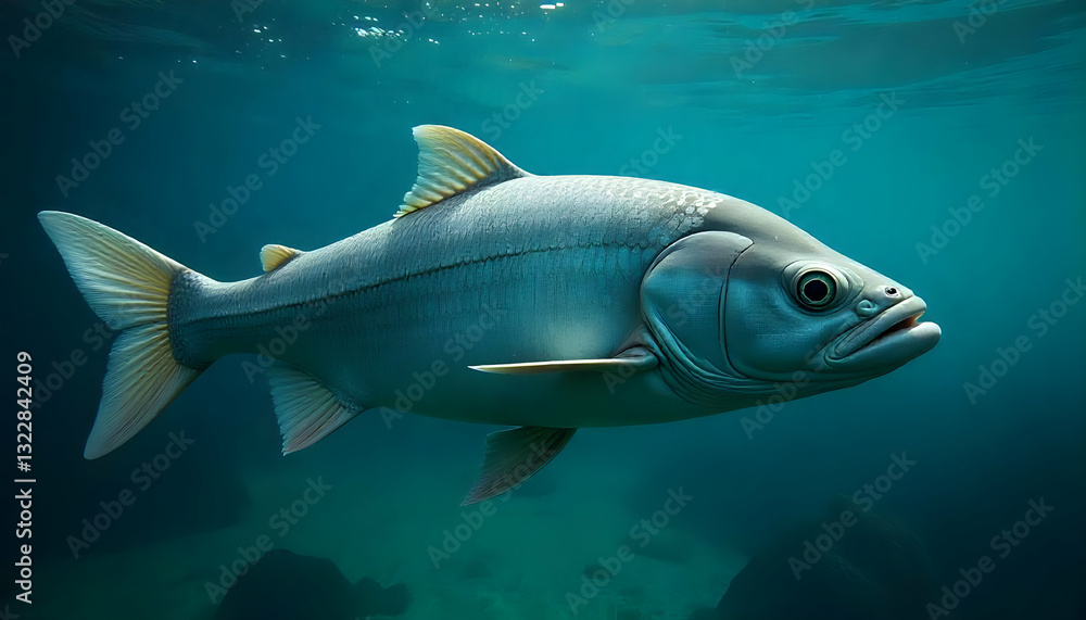 A Realistic Underwater Depiction of a Single Fish Swimming Gracefully A Realistic Underwater Depiction of a Single Fish Swimming Gracefully