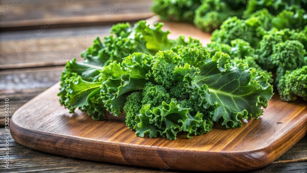 Close-up of curly kale leaves on a wooden cutting board, vegetable garnish Close-up of curly kale leaves on a wooden cutting board, vegetable garnish