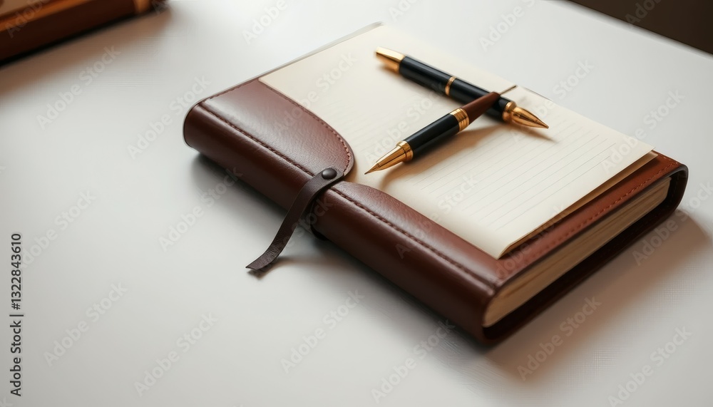 Detailed Leather Notebook with Gold Pens on a White Table Detailed Leather Notebook with Gold Pens on a White Table