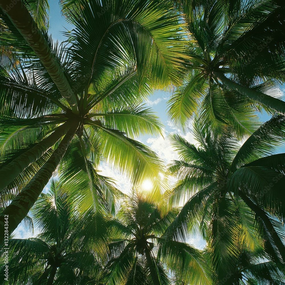 Obraz premium A picturesque scene featuring a cluster of tall palm trees, their fronds swaying gently in the breeze, with warm sunlight filtering through the leaves, casting playful shadows on the ground.