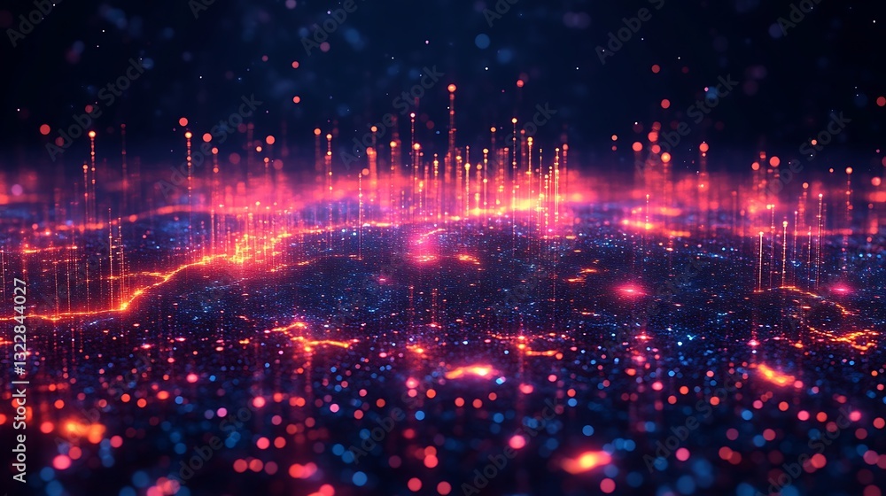 Obraz premium Abstract digital landscape of glowing lights and particles