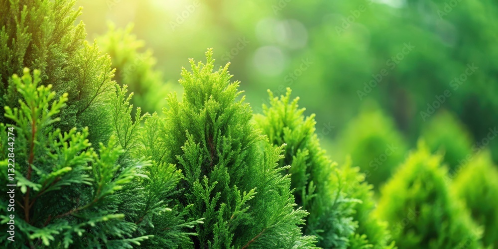 Dense cluster of fresh green branches from a lush hedge of evergreen thuja trees against a blurred green background Dense cluster of fresh green branches from a lush hedge of evergreen thuja trees against a blurred green background