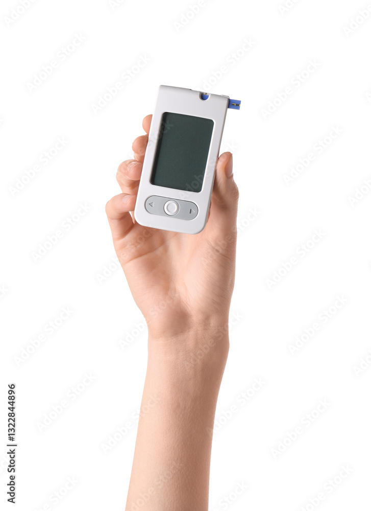 Woman holding digital glucometer on white background Woman holding digital glucometer on white background