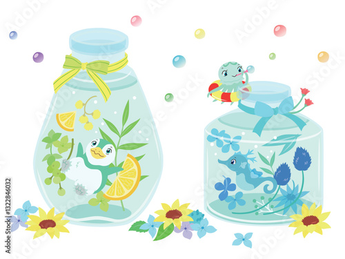 ハーバリウムと海の生き物達のイラスト