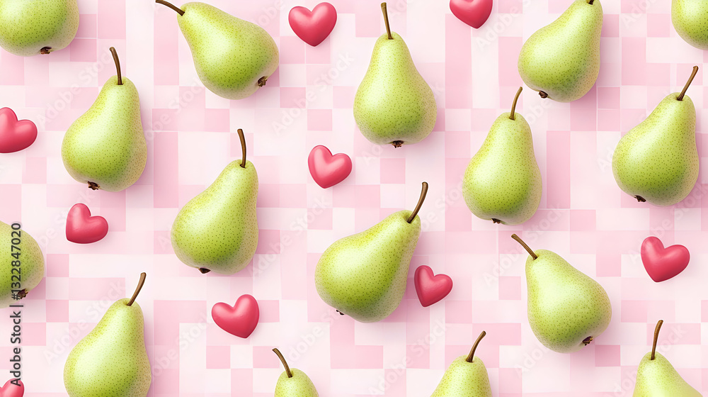 Green Pears with Hearts on a Soft Pink Background Pattern Green Pears with Hearts on a Soft Pink Background Pattern