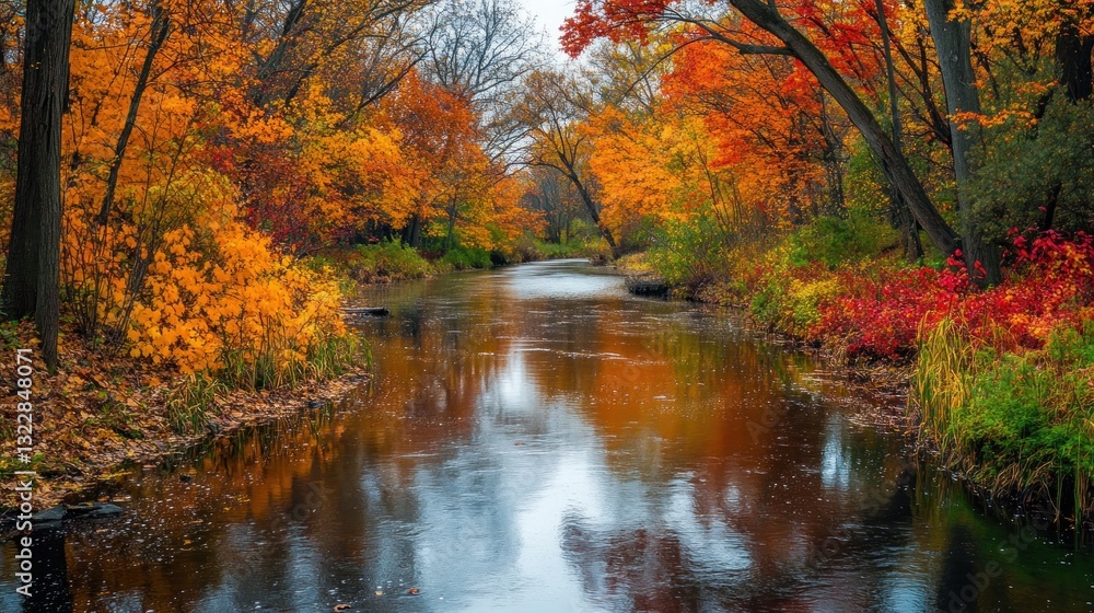 Serene autumn river reflecting vibrant foliage under a bright sky landscape Serene autumn river reflecting vibrant foliage under a bright sky landscape