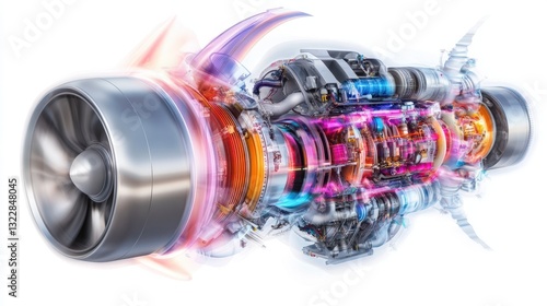 A close-up of a modern turbofan jet engine, with its intricate internal components exposed, showcasing the latest advancements in aerodynamics and fuel efficiency