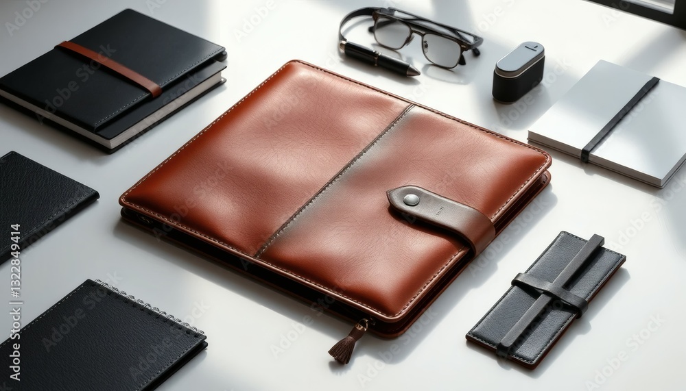 Leather Notebooks and Accessories on White Table for Business and Work Leather Notebooks and Accessories on White Table for Business and Work