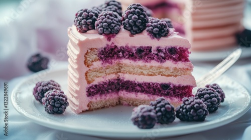 Delicious Blackberry Cake Slice on a White Plate