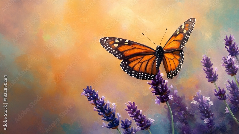 Obraz premium Butterfly & Lavender: A Sunset Painting