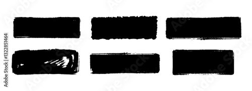 Rectangle dry paint stains set. Black grunge chalk square collection. Textured brush stroke element pack. Hand drawn charcoal blobs for frame design, template, poster, banner, text box. Vector