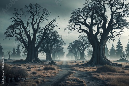 Ominous Halloween Panorama Featuring Daunting Trees and Deserted Landscape