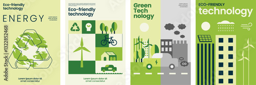 Eco-friendly technology poster collection showcasing green energy, sustainable solutions, and environmental innovation with modern vector illustrations.