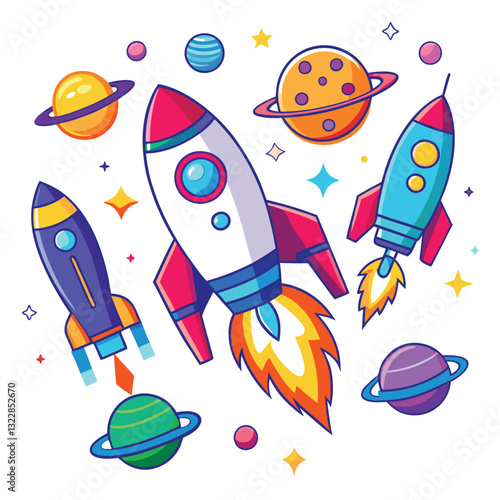 A cartoon drawing of a rocket with the moon and stars