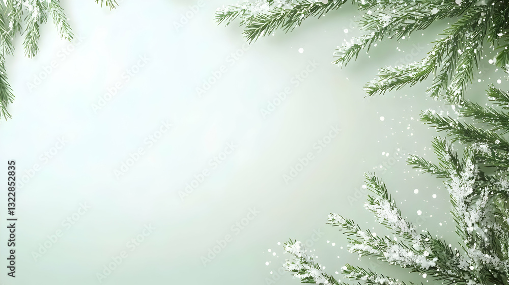 Obraz premium Frosted Evergreen Branches with Soft Snowfall on a Light Background