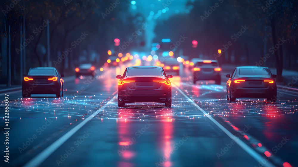 Obraz premium A car is driving down a highway with other cars in the background