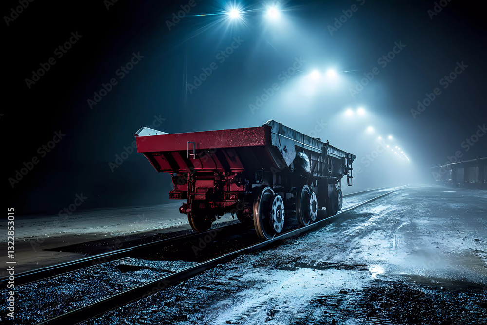 Fototapeta premium Industrial mining trolley on tracks, its load illuminated by soft industrial light inside a dark mine