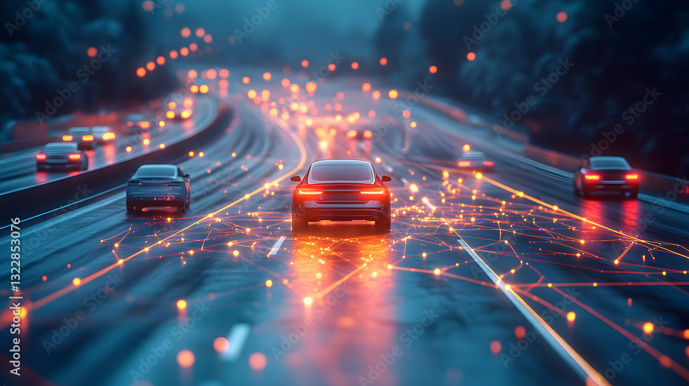 A car is driving down a highway with other cars in the background A car is driving down a highway with other cars in the background
